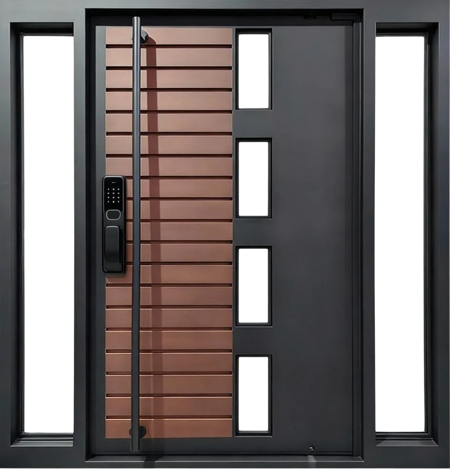Desain pintu masuk rumah modern dengan perpaduan material baja dan kayu