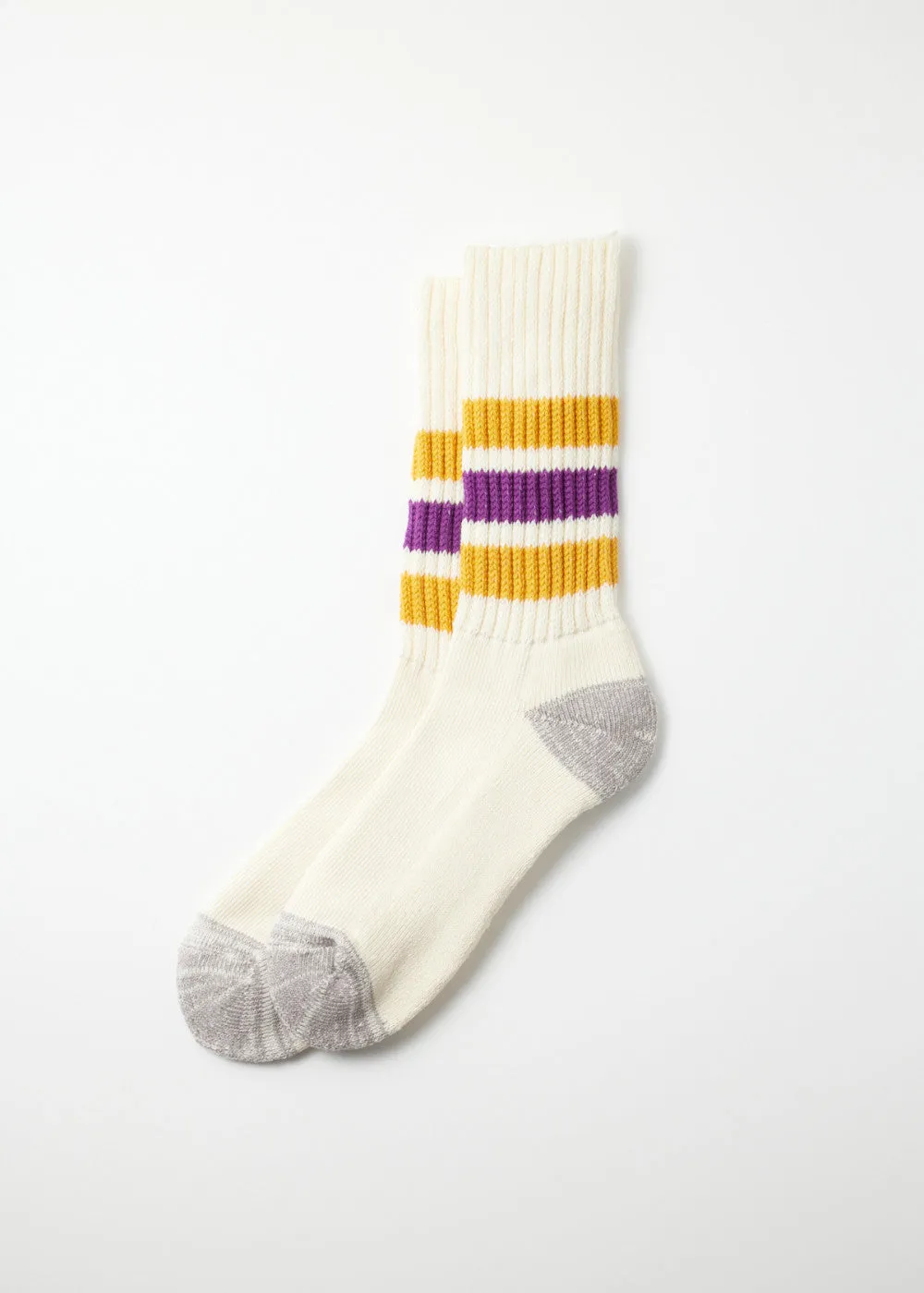 SBOKU99 Coarse Ribbed Oldschool Crew Socks warna kuning dan ungu dengan rajutan tebal