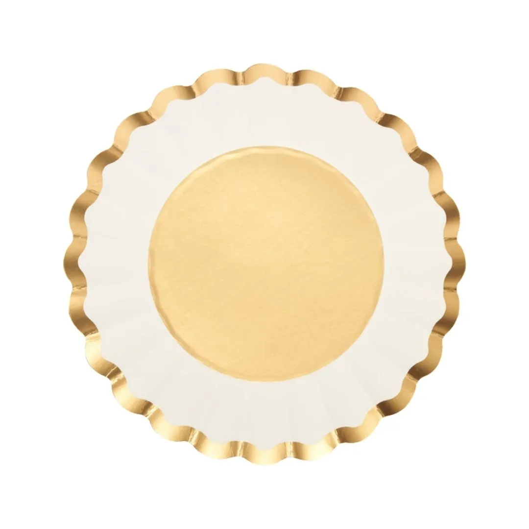 Piring kertas pesta mewah warna gold dan putih model scalloped salad plate dari HAHA69